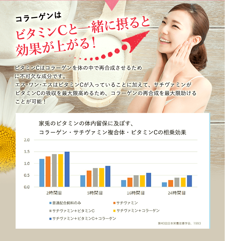 コラーゲンはビタミンCと一緒に摂るとことが大事！ビタミンCはコラーゲンを体内で合成させるために必要不可欠です。ビタミンCの体内留保を高めるため、コラーゲンの合成を効率よく助けることが可能です。家兎のビタミンの体内留保に及ぼす、コラーゲン・サチヴァミン複合体・ビタミンCの相乗効果