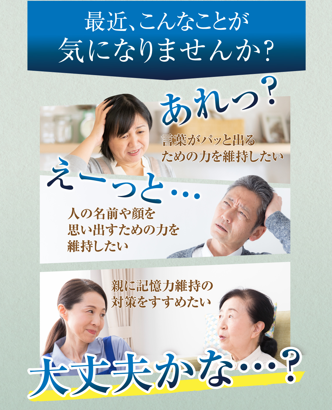 最近、こんなことが気になりませんか? あれっ?言葉がパッと出るための力を維持したい えーっと…人の名前や顔を思い出すための力を維持したい 大丈夫かな…?親に記憶力維持の対策をすすめたい