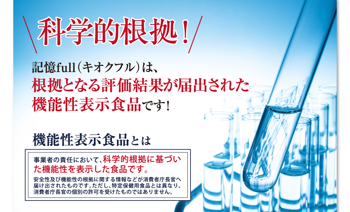 科学的根拠!記憶full(キオクフル)は、根拠となる評価結果が届出された機能性表示食品です!機能性表示食品とは事業者の責任において、科学的根拠に基づいた機能性を表示した食品です。安全性及び機能性の根拠に関する情報などが消費者庁長官へ届け出されたものです。ただし、特定保健用食品とは異なり、消費者庁長官の個別の許可を受けたものではありません。
