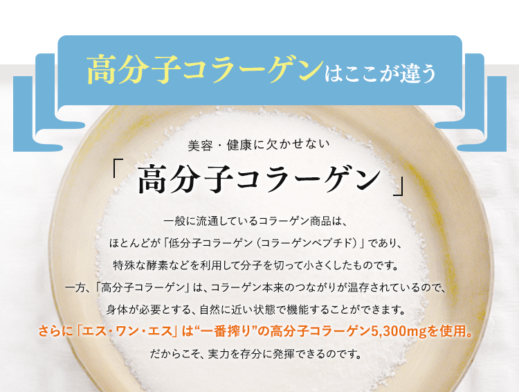 高分子コラーゲンはここが違う一般に流通しているコラーゲン商品は、ほとんどが「低分子コラーゲン（コラーゲンペプチド）」であり、特殊な酵素などを利用して分子を切って小さくしたものです。一方、「高分子コラーゲン」は、コラーゲン本来のつながりが温存されているので、身体が必要とする、自然に近い状態で機能することができます。さらに「エス・ワン・エス」は“一番搾り”の高分子コラーゲン5,300mgを使用。だからこそ、実力を存分に発揮できるのです。